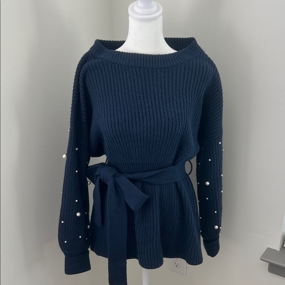 Haden LA Boatneck Navy Sweater with Pearl Accents on Sleeves